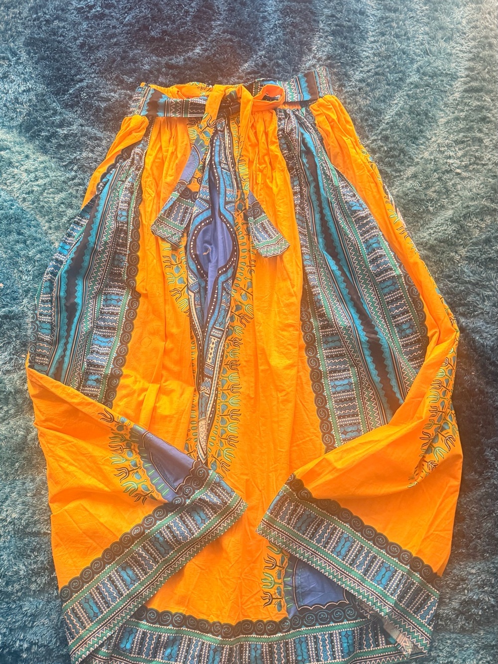 Orange Boho Maxi Skirt with Blue Patterned Panels